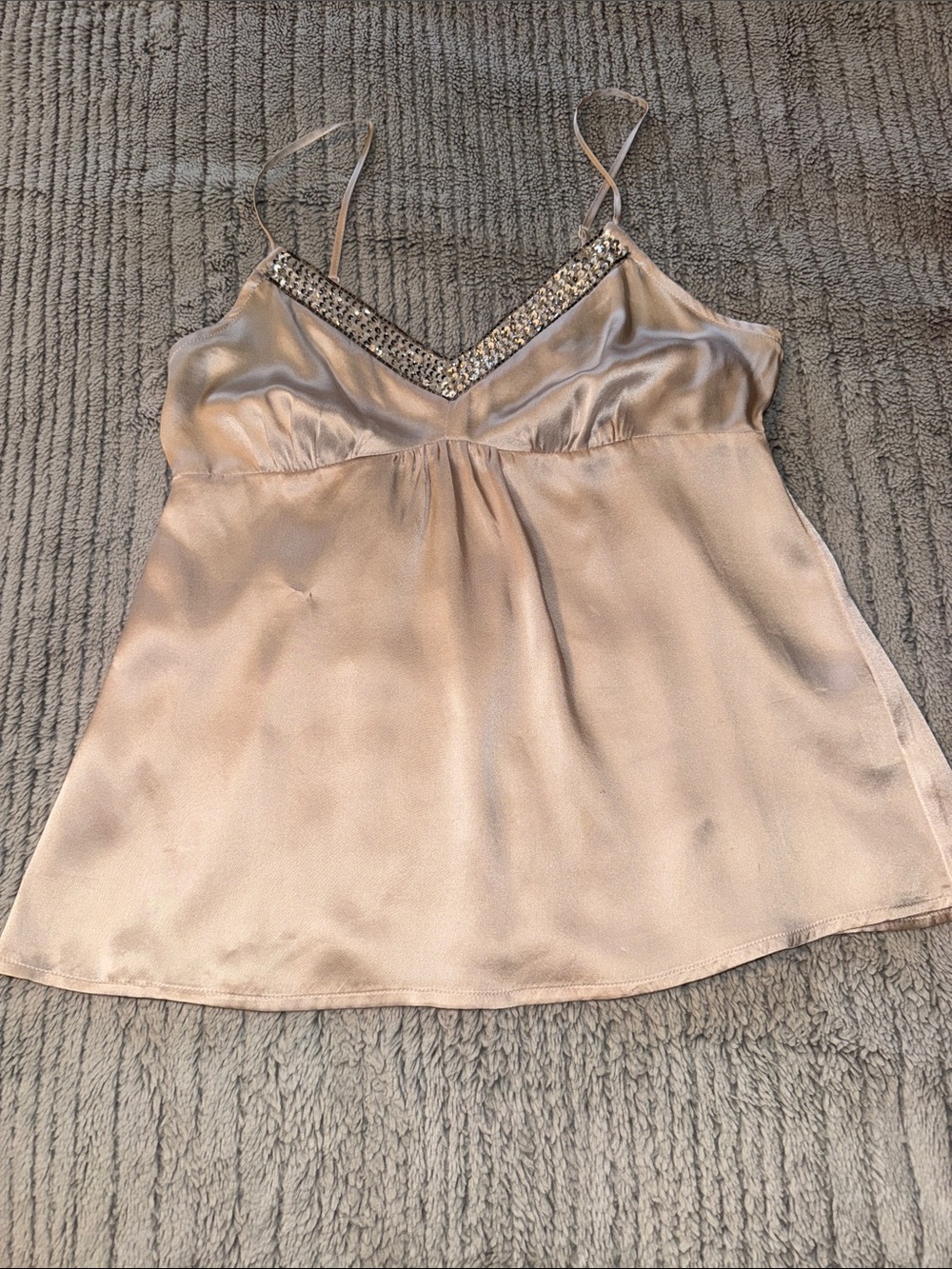 Beaded V-Neck Satin Cami in Blush